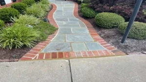 Curved stone walkway bordered by red bricks, flanked by green shrubs.