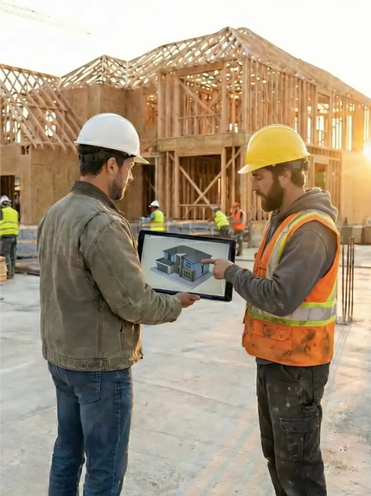 Two construction workers examine a digital blueprint on a tablet at a building site.