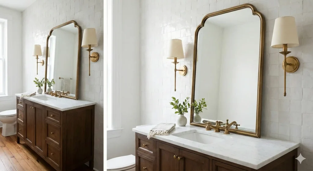 Classic bathroom with dark wood vanity cabinet, white marble countertop, arched brass mirrors, sconce lighting, white subway tile backsplash, and traditional styling.