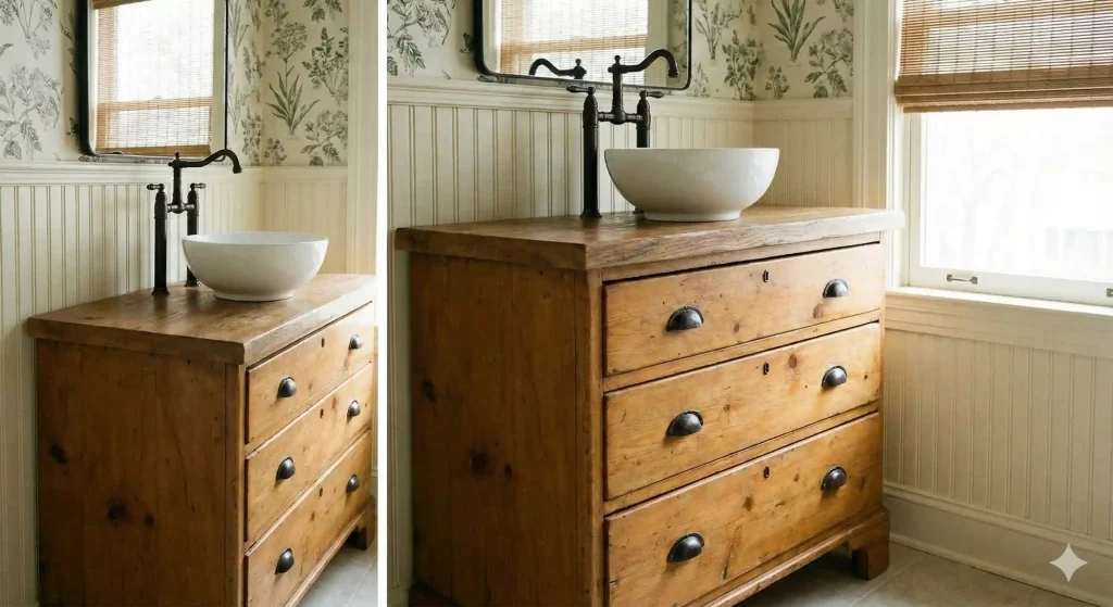 Charming bathroom featuring two wooden vanities with white vessel sinks, botanical wallpaper, beadboard wainscoting, brass faucets, and natural window light.