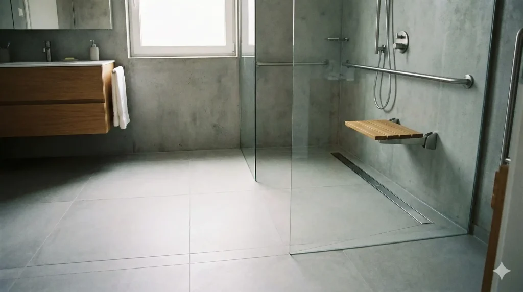 Contemporary bathroom with grey concrete walls, floating wooden vanity, frameless glass shower enclosure, minimal design, and natural lighting from window.