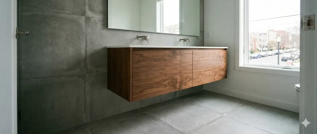 Industrial-style bathroom with polished concrete walls, floating walnut wood double vanity, white quartz countertop, large mirror, and modern minimalist fixtures.
