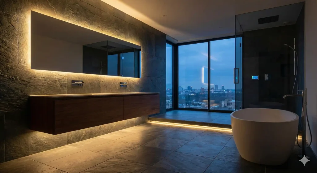 High-end bathroom featuring ambient backlit mirror, dark wood vanity, curved white soaking tub, glass walk-in shower, and expansive windows overlooking cityscape.