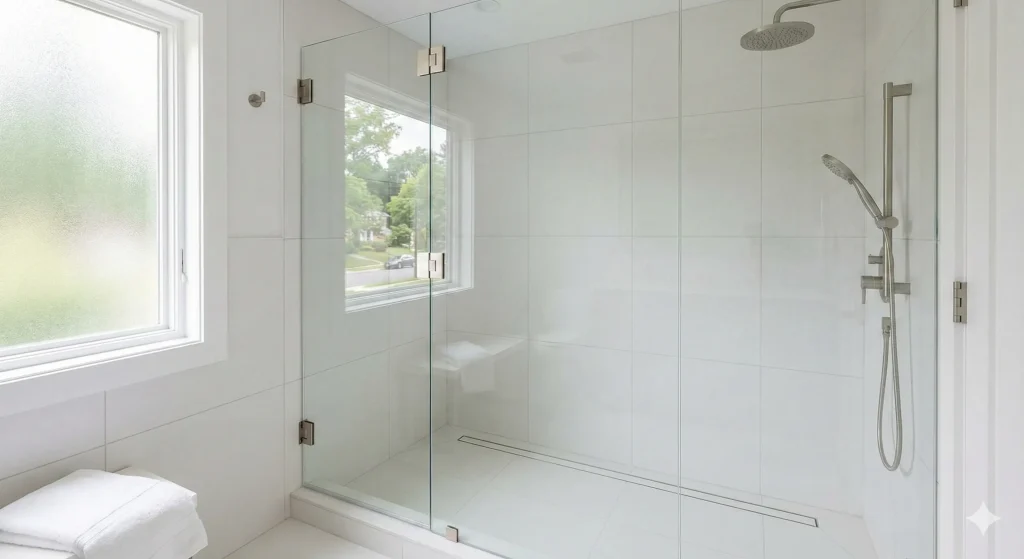 Bright contemporary bathroom with large format white tiles, frameless glass walk-in shower, brass fixtures, minimal design, and window with garden view.