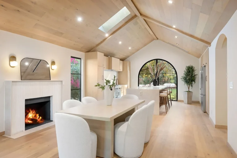 Modern open-plan kitchen addition and dining area with fireplace, skylight, and large arched window.