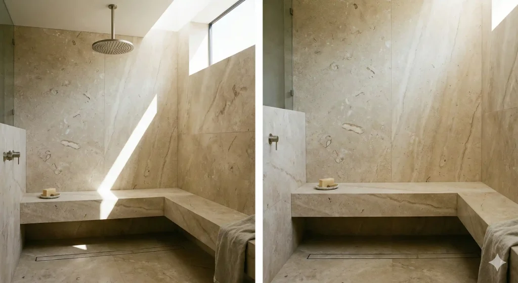 Serene travertine marble bathroom with built-in tub, skylights creating natural light, brass fixtures, minimal accessories, and spa-like peaceful aesthetic.