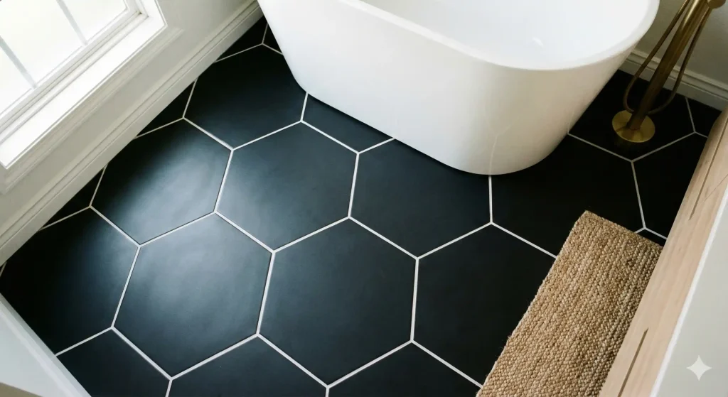 Contemporary bathroom with black hexagonal floor tiles, white freestanding bathtub, brass fixtures, and natural light creating a luxury spa aesthetic.