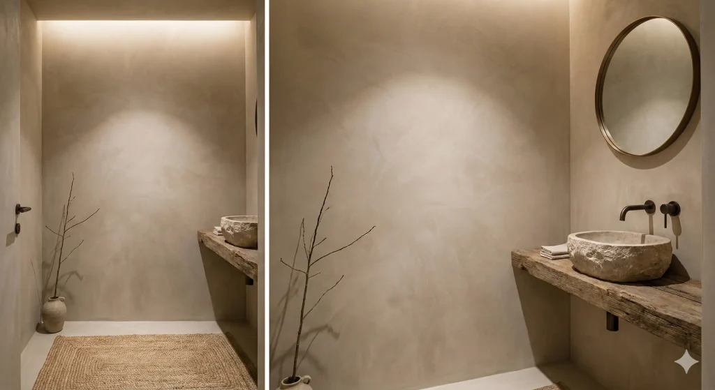 Small minimalist bathroom featuring beige textured walls, wooden floating vanity with stone vessel sink, dried botanical branches, and round brass mirror with spa-like ambiance.