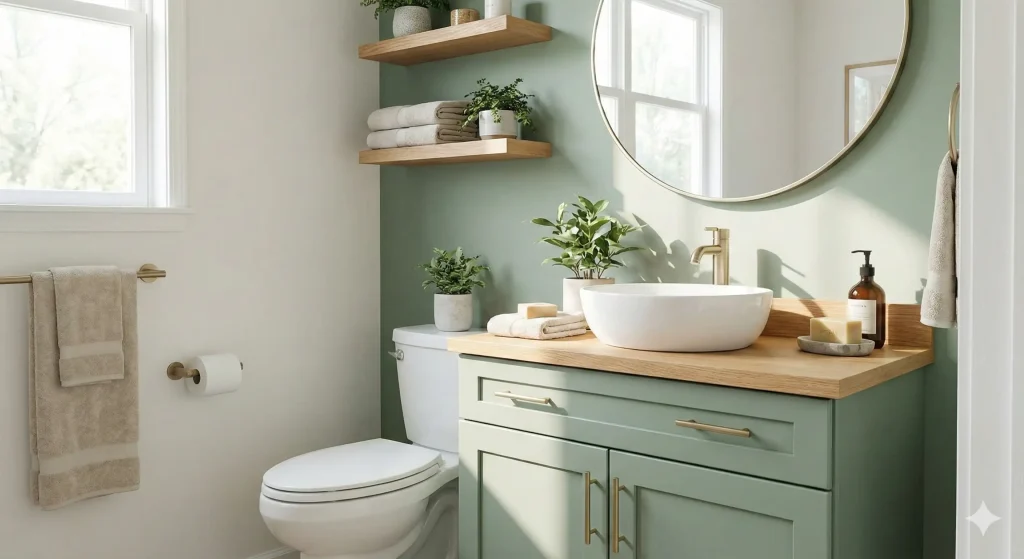 Light and airy bathroom with soft green accent wall, floating walnut vanity, white vessel sink, wooden open shelving, brass fixtures, and potted plants for freshness.
