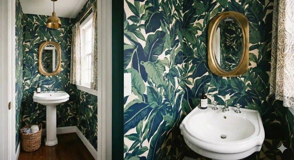 Two small powder rooms featuring tropical green botanical wallpaper, white pedestal sinks, gold framed mirrors, and brass pendant lighting for maximum style impact.