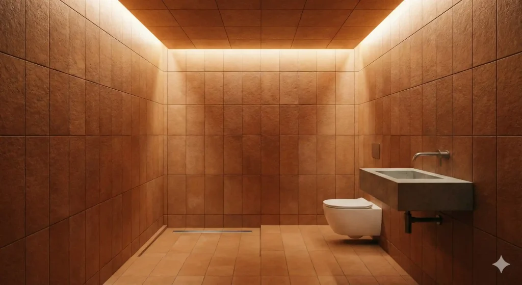 Bathroom with warm terracotta floor and wall tiles, white toilet, minimal fixtures, recessed lighting in drop ceiling, and simple uncluttered layout.