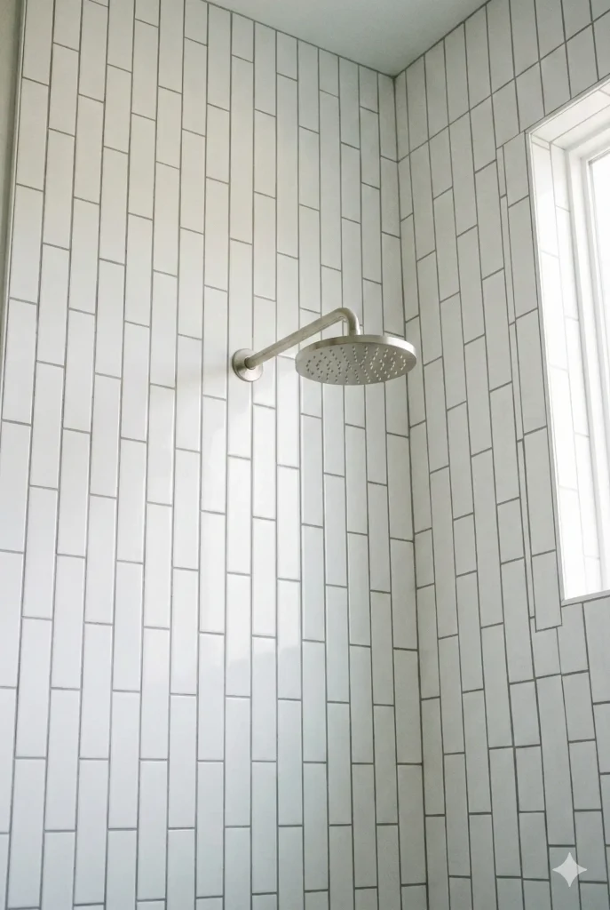 Modern shower area with large vertical subway tiles in soft grey, brass rainfall showerhead and fixtures, minimalist design, and natural window light.