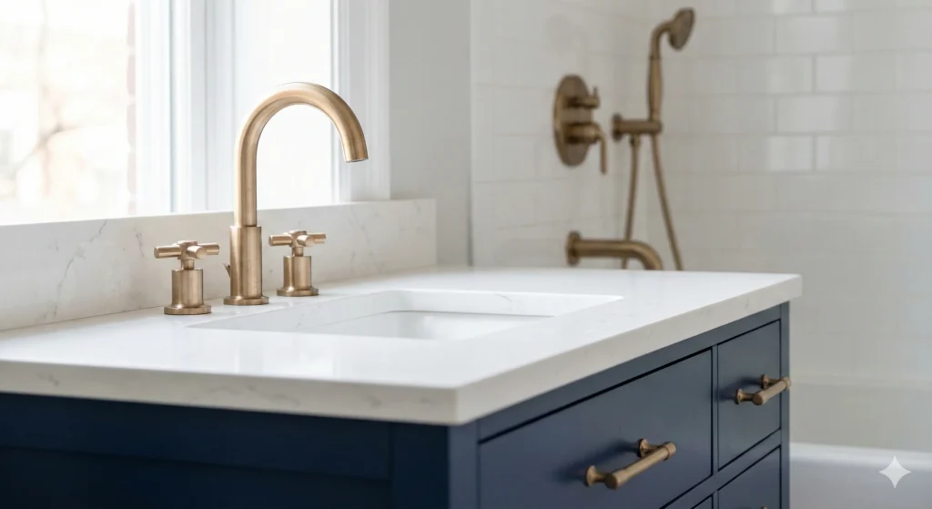 Sunny bathroom featuring white subway tile walls, marble backsplash, navy blue vanity with brass hardware, white marble countertop, and brass three-hole faucet set.
