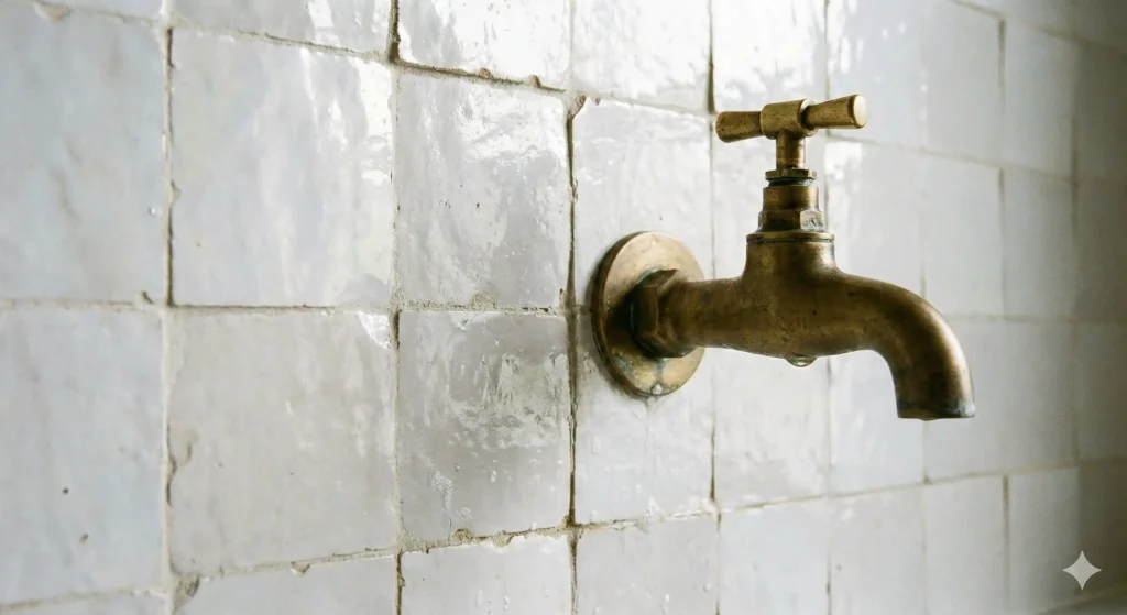 Close-up detail of antique brass wall-mounted faucet against white subway tile background, showcasing classic bathroom fixture design.