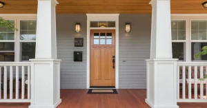 A front porch with a wooden door, white pillars, and two wall lanterns.