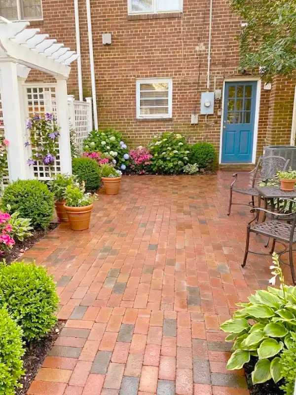 Brick walkway hardscape on a compact residential lot in Arlington, VA by Blue Collar Scholars