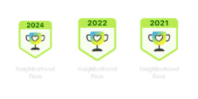 Badges representing awards for 2021, 2022, and 2024, showcasing achievements in community engagement and excellence.