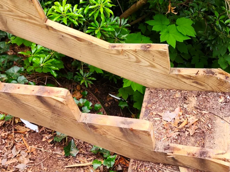 Close-up of stair framing during structural repairs