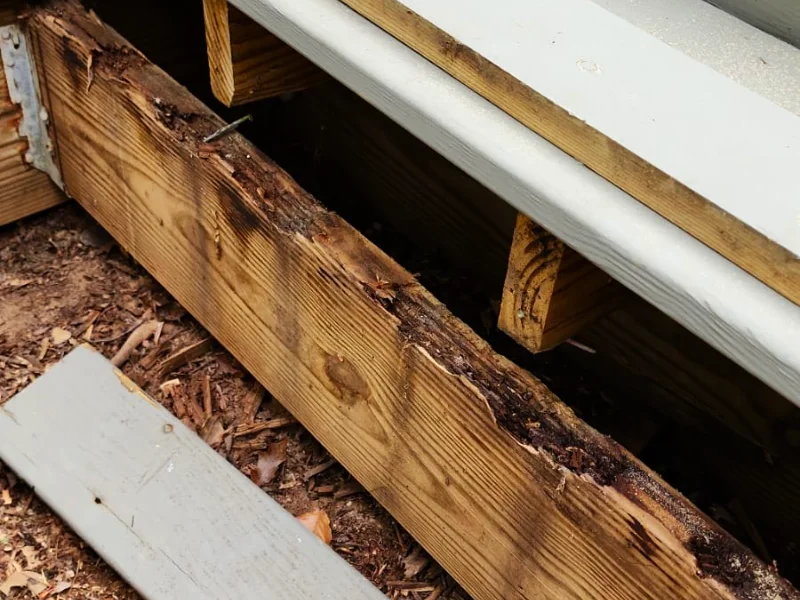 Rotted wood support board removed during deck demolition