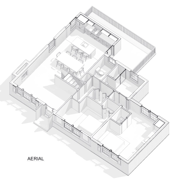 Architectural 3D rendering showing the planned layout for the basement in-law suite before construction began.