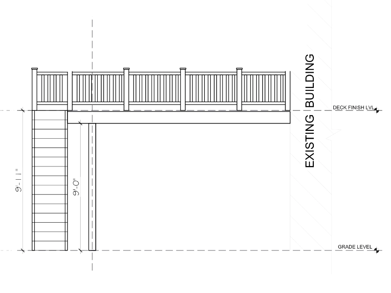 Architectural elevation drawing showing the opposite side of the deck with structural supports, stair location, and unchanged deck dimensions for the renovation permit.