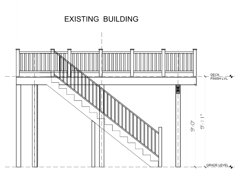 Architectural side elevation drawing showing the existing elevated deck, staircase, support columns, and structural replacement notes prepared for the deck renovation permit.