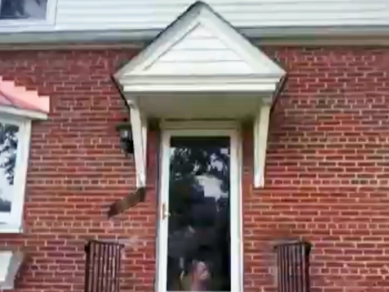 The original unrenovated front entrance of a brick house featuring a minimalist white gabled awning over a single glass storm door and basic concrete steps.