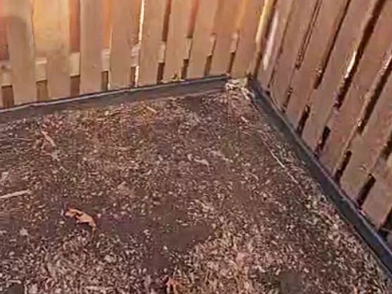 Corner of the backyard showing loose and settled brick pavers, exposed soil, and drainage issues along the fence line before the patio renovation.