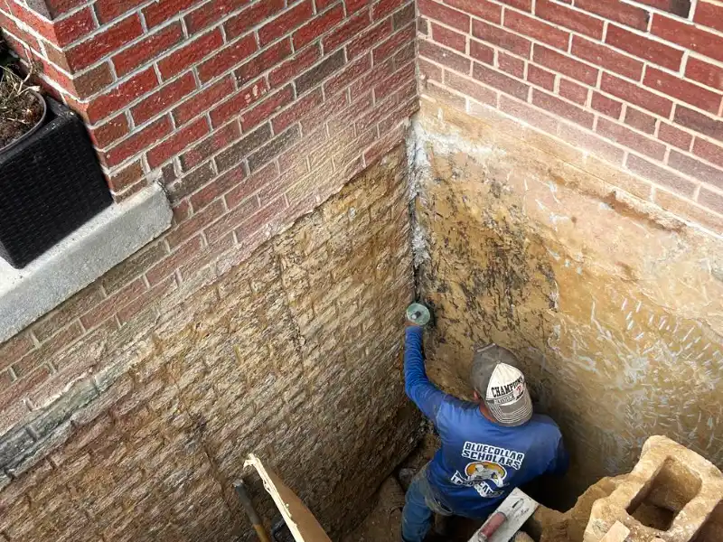 Exposed foundation wall after surface repairs and preparation for exterior waterproofing treatment