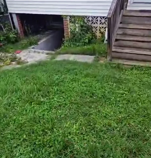 A grassy, slightly overgrown green slope leads up to a residential house featuring an open under-house crawl space framed by brick pillars and decorative breeze blocks, situated next to a set of weathered wooden stairs on the right.