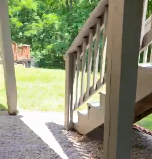 Original elevated wood deck with deteriorated support posts and a weathered exterior staircase before structural repairs.